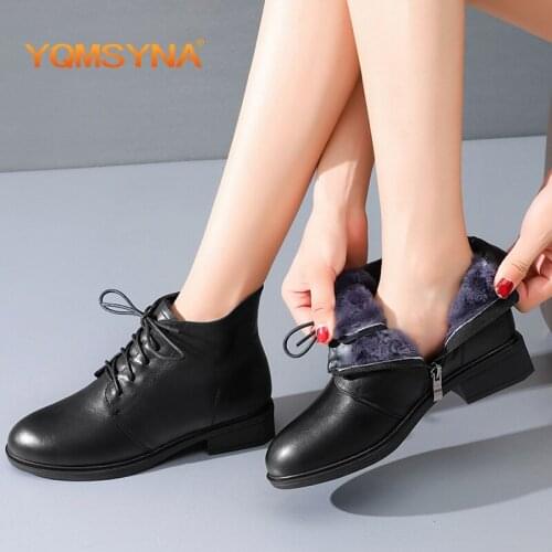 YQMSYNA Casual Wool Ankle Boots Round Toe Square Heel Lace-up Genuine Leather Boots Winter Keep Warm Commute Womens Shoes AS313