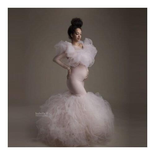 New Arrival Mermaid Pregnancy Gowns For Photo Shoot Long Sleeves Tulle Extra Puffy Stretchy Maternity Dresses Custom Made