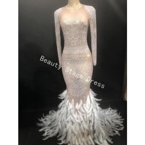 Luxurious Full Pearls Crystal Mesh Dress Glisten Ds Dj Evening Perspective Dress Prom Birthday Celebrate Stones Feather Dresses