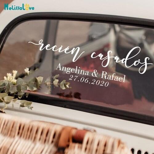 Recién casados Spanish Wedding car sticker just Married Personlized Name Date Wedding Party Removable Vinyl Stickers BA361