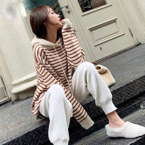 Two-piece Sweater Knitted Wide-leg Pants + Hooded Knitted Sweater Womens Autumn and Winter New Korean Leisure Sports Suit