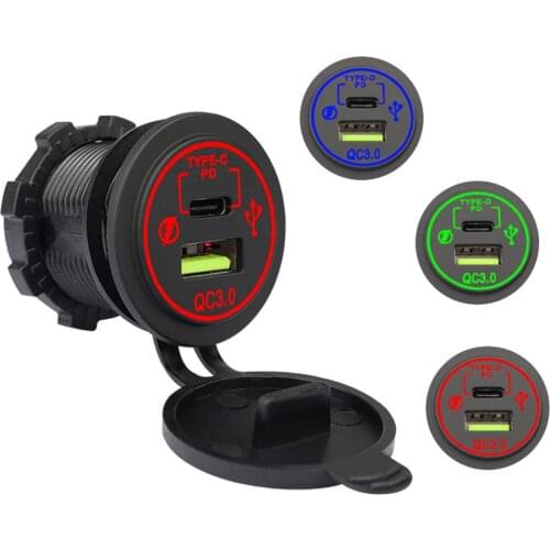 PD Type C/QC 3.0 Dual Car USB Charger Quick Charge Flame Retardant With Caps For Truck Boat Motorcycle Power Adapter