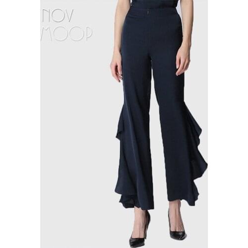 Office style spring summer women navy wine red natural silk ruffles wide leg pants trousers broeken ropa pantalones mujer LT2101
