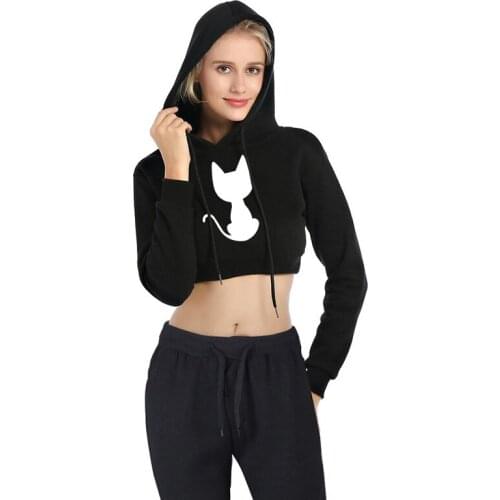 Womens Navel Hoodies Autumn Solid Cute Cat Printed Cropped Sweatshirts Female Basic Casual Crewneck Streetwear Tops Sudaderas