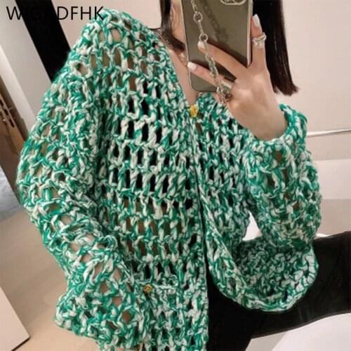 WIGADFHK Green Hollow Hand-woven Round Neck Jacket Women 2021 Autumn Fashion Knitted Cardigan Womens Clothing Crop Top Sweater