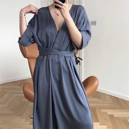 2021 New Summer Fashion Ladies Dress V Neck Loose High Quality Women Dresses Solid Color Casual Elegant Female Dress T242