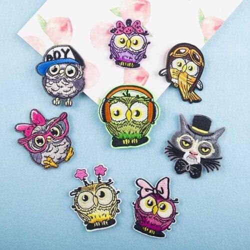 100pcs/lot Embroidery Patches Letters Clothing Decoration Accessories Animal Owl Hawk Glasses Bird Iron Heat Transfer Applique