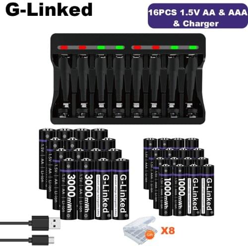 16PCS G-Linked Rechargeable Battery 1.5V AA 3000mWh+1.5V AAA 1000mWh Li-ion Rechargeable Batteries+8 Slots Led Battery Charger
