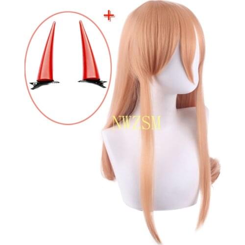 Anime Chainsaw Man Makima Cosplay Wig Long Orange Wig Devils Horn Hairpins Heat-resistant Fiber Hair Free Wig Cap Party Props