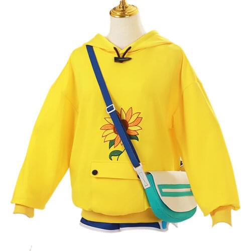 Anime Wonder Egg Priority Ohto Ai Cosplay Costumes Hoodie Yellow Sunflower Pullover Sweatshirt Shorts Wig Hairpin Suit