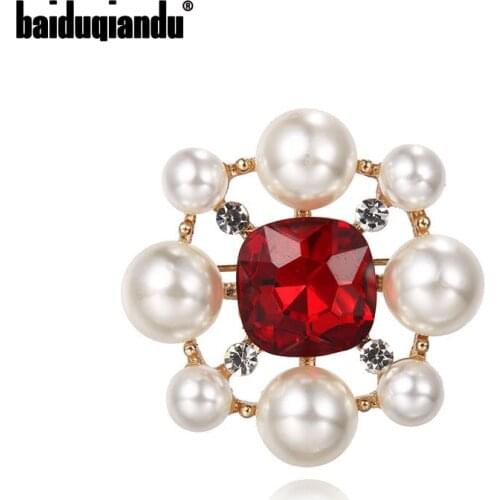 Baiduqiandu Brand Red Crystal and Simulated Pearls Flower Jewelry Brooch Pins for Women Dress Accessories