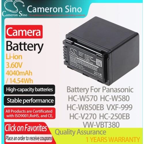 CameronSino Battery for Panasonic HC-W570 HC-W580 HC-W850EB VXF-999 HC-V270 fits Panasonic VW-VBT380 Digital camera Batteries