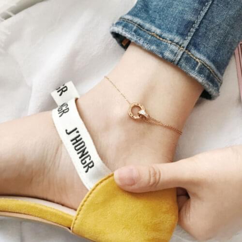 YUN RUO Double Circle Anklet Zirconia Inlay Chain For Woman Girl Gift Rose Gold Color Fashion Stainless Steel Jewelry Never Fade