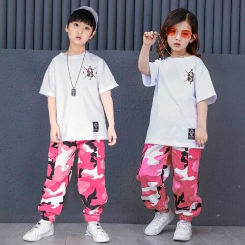 Kids Hip Hop Dance Clothes for Girls Boys White T Shirt Tops Camouflage Pants Jazz Dance Costume Ballroom Dancing Clothing Wear