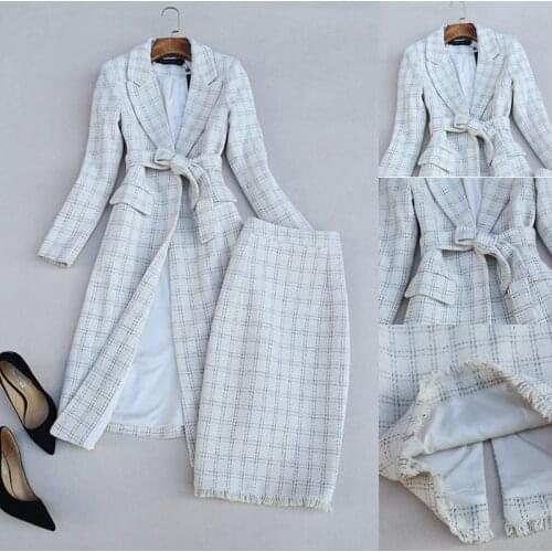 Elegant Medium Long Plaid Suit Coat and High Waist Fashion Faux Woolen Plaid Skirt Office Lady Clothing Set