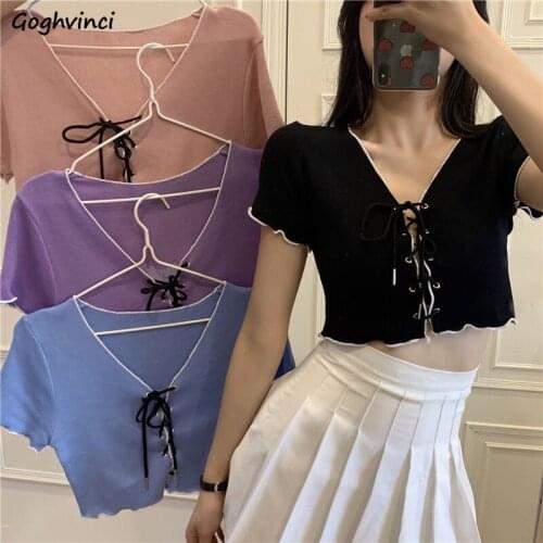 T-Shirts Women 4 Colors Simple Solid V-Neck All-match Designer Harajuku Students Style Ins Soft Cozy Slim Summer Female Tops New
