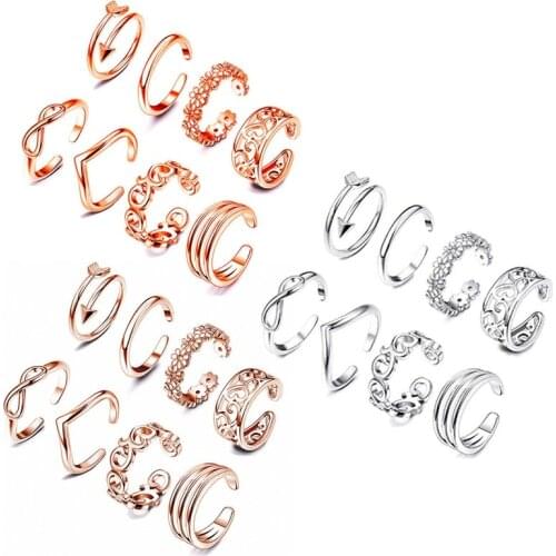 8PCS Tail Foot Ring Gifts Adjustable Open Toe Rings Set Summer Beach Vacation Kunuckle Jewelry Finger Ring
