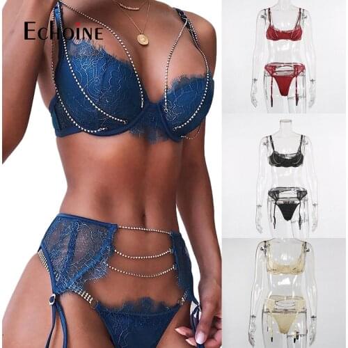 Echoine Women Sexy Bright diamond Lace Lingerie 3 Pieces Set Underwear Bra and Chain Briefs Bra and Briefs lingerie femme sets