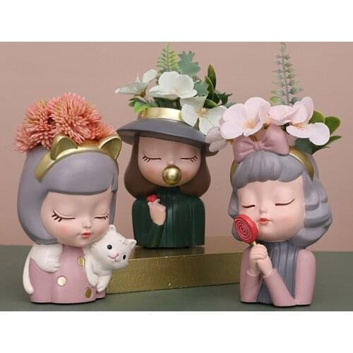 Cute Girl Succulent Vase Succulent Planters Resin Flower Pot Bonsai Pot Pen Holder for Home Table Top Decor