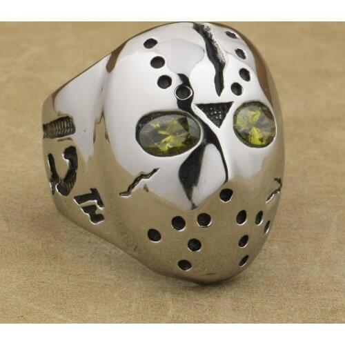 316L Stainless Steel Jason Hockey Olive Green CZ Eyes Mens Ring 3F601A