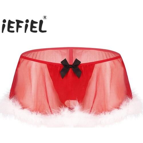 Male Mens Sissy Christmas Costume Panties See Through Sheer Lingerie Elastic Low Rise White Feather Hem G-string Panty Skirt