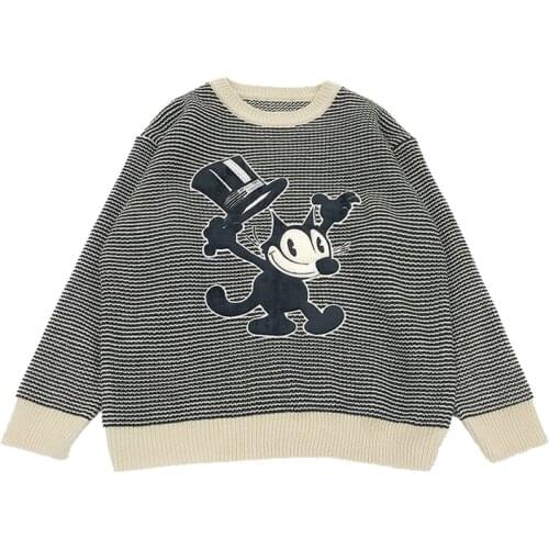 New Winter Cartoon Embroidery Retro Striped O-neck Pullover Womens Casual Loose Knit Sweater Couple Spring And Autumn Tops