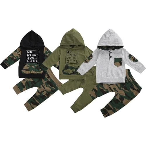 New 1-3Yrs Baby Boys Hooded Long Sleeve Top + Pants Autumn Camo Sports Clothing Set