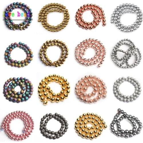Wholesale 33 Styles Natural Stone Beads Silver Color Rainbow Rose Gold Hematite Round Beads For Jewelry Making Bracelet Necklace