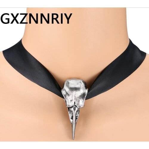 Gothic Black Ribbon Choker Necklace Women Antique Silver Color Raven Skull Bird Pendant Necklaces for Women Fashion Jewelry Gift