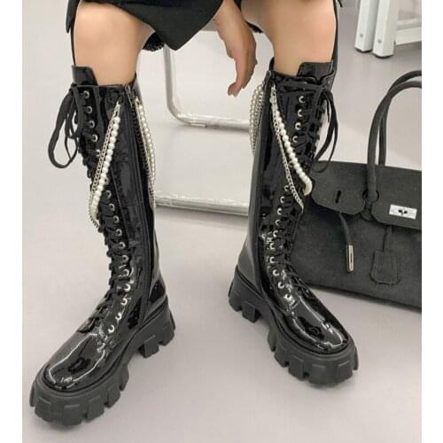 Lucyever Patent Leather Platform Knee High Boots Women Pearls Chain Thick Bottom Long Botas Woman Punk Style Thigh High Boots