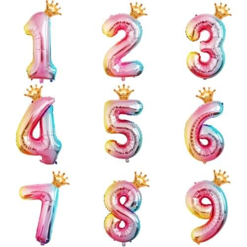 2pcs 32inch Rainbow Crown Foil Balloons Number 0-9 Air Balloon Birthday Party Decorations Kids Rose Gold Pink Silver Blue