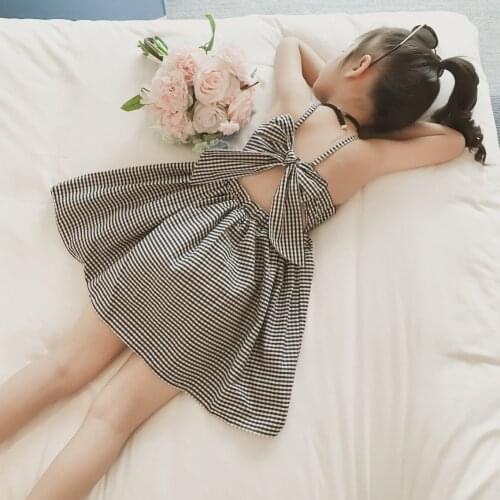 Tops Plaid Dress for Girls 2021 Summer New Kids Straped Backless Bow Ladies Dresses V-Neck Children Clothes