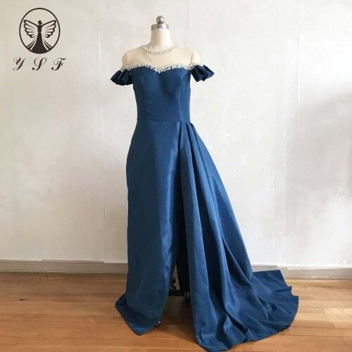 2018 Designer Vestidos De Fiesta O Neck Beaded Crystals Short Sleeve Mermaid Evening Dresses with Overskirt