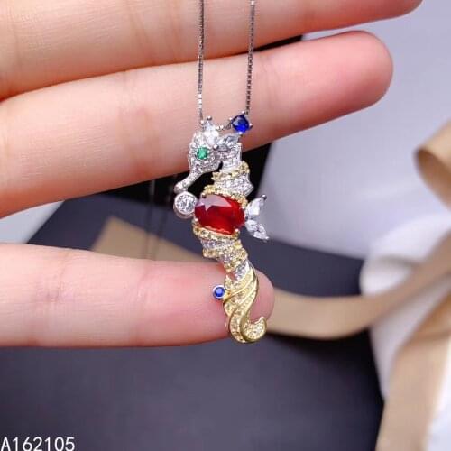 Fine jewelry 925 pure silver inlaid natural ruby girl trendy luxury Seahorse Chinese style gem pendant necklace support detectio
