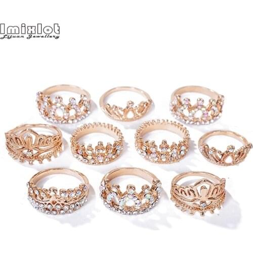 Imixlot 5PCS Mixed Fashion Princess Crown Rings For Women Crystal Rhinestone Engagement Wedding Party Rings Jewelry Female Anel