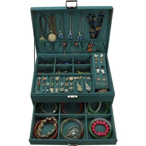 Retro 3-layers Green Stud Jewelry Organizer Large Ring Necklace Makeup Holder Cases Velvet Jewelry Box with Lock for Women