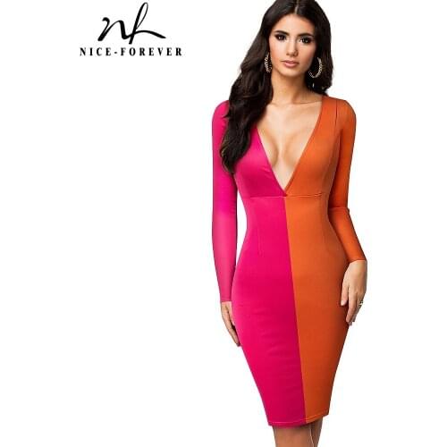 Nice-forever Autumn Women Contrast Color Blackless Hollow Out Dresses Sexy Club Party Bodycon Slim Tight Dress bty466