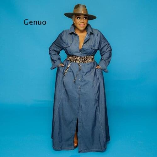 Plus Size Women Solid Floor-length Denim Dresses 2021 Autumn Newest Lady Big Size Turn-down Collar Single-breasted Casual Dress