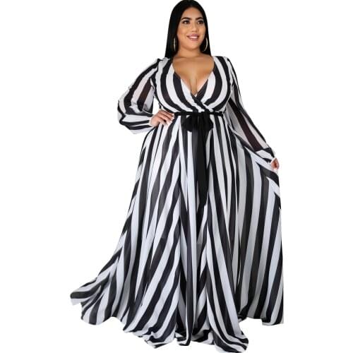 Fashion Sexy V-neck Long Sleeve Stripes Flower Print Chiffon Dress Women Big Swing Casual Beach Party Holiday Maxi Long Dress