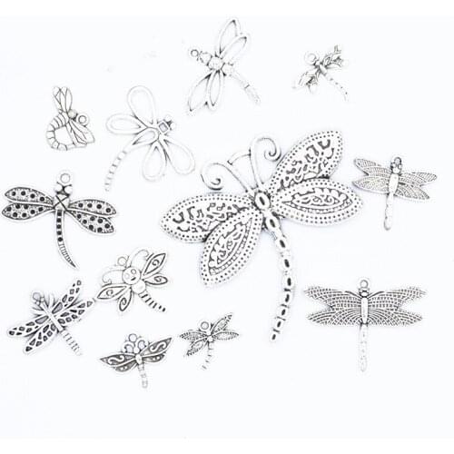 13 PCS Mixed Vintage Metal Alloy Antique Silver color Dragonfly Pendant Connectors Charm For Jewelry Making