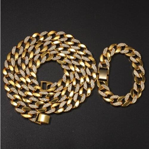 15mm wide Gold Color Half Rhinestones Paved Round Cuban Necklace Bracelets Set Men Hip Hop Bling Iced Out Link Chain Jewelry