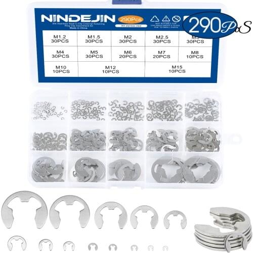 290pcs/set E clip circlip washer assortment kit 304 stainless steel 1.2-15 mm external retaining ring clip for pulleys shaft