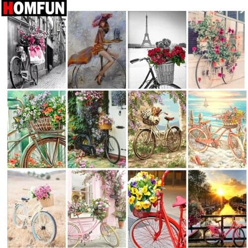 HOMFUN Full Diamond Embroidery "Bicycle flower scenery" Diamond Painting Cross Stitch Patterns Rhinestone Unfinished Home Decor