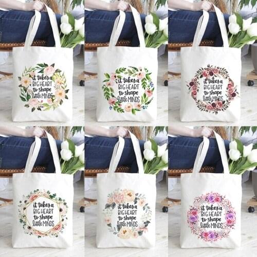 Its Takes A Big Heart To Shape Little Minds Teacher Life Canvas White Shopping Tote Bag Reusable Shoulder Book Bag Gift Handbag