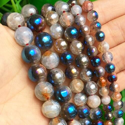 Natural White Cracked Dragon Fire Agates Blue Multicolor Metallic Coated Plated Beads for Jewelry Making DIY Bracelet 6 8 10mm