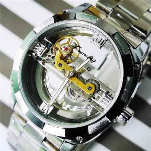 Forsining Mens Automatic Mechanical Watches Transparent Golden Bridge WristWatch Roman Numerals Watch For Men Relogio Masculino