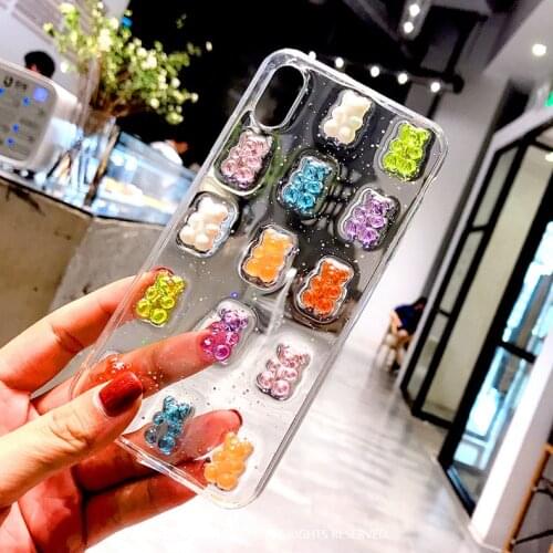 Cute 3D Bear Glitter Candy Color Phone Case for iPhone 12 11 Pro Max X XS XR 8 7 6S Plus SE2 Case Soft Transparent Back Cover