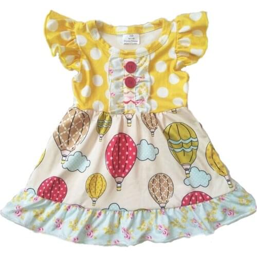 2019 kids dress girls flying sleeve button O neck dresses for children yellow hot air balloon dress baby girls vestido gxj
