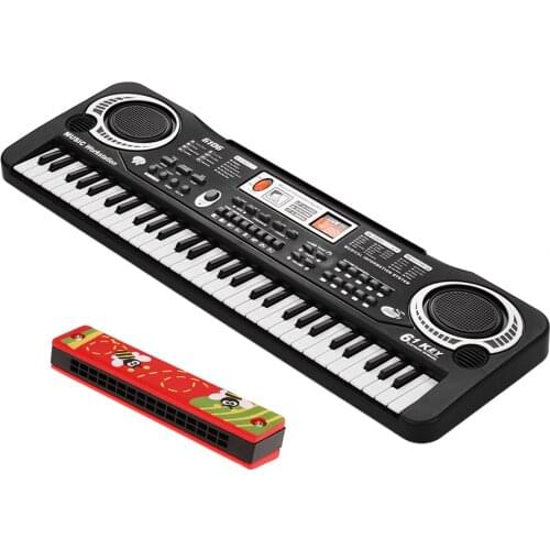 61 Keys Electronic Digital Piano Keyboard with Dual Speakers Microphone USB/Battery Powered + Tremolo Harmonica 16 Holes Kids