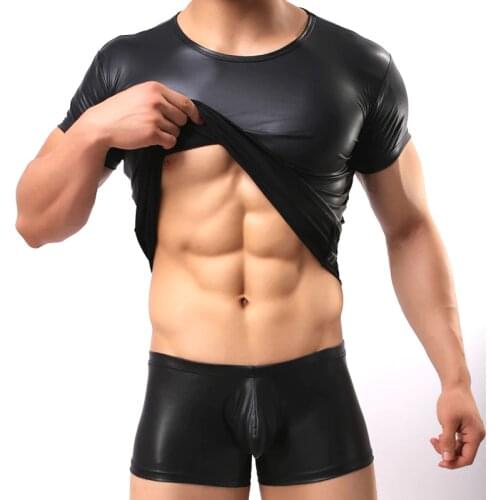 PU Leather T Shirts Men Sexy Fitness O-Neck Tops Gay Boxers Mens stage Tshirt Casual Clothes Panties&tees Tight Top Sets Suit